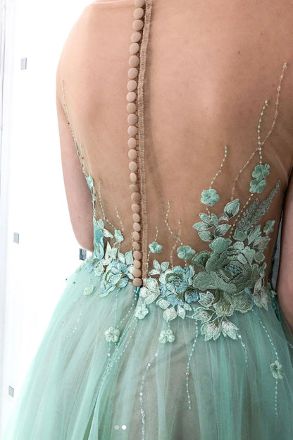 Green round neck tulle lace applique long prom dress green prom dress