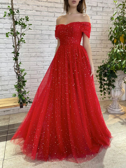 Simple red tulle off shoulder long prom dress red tulle prom dress