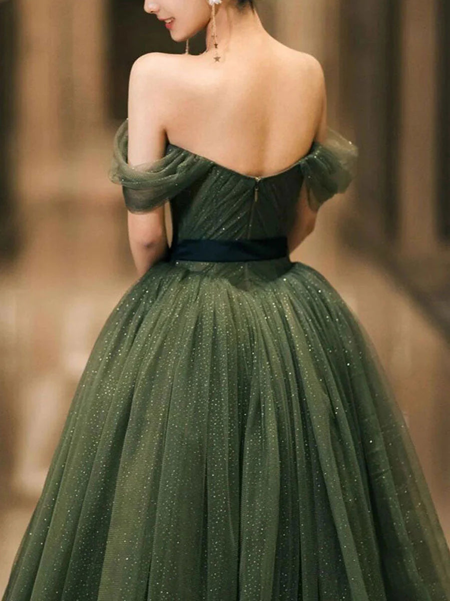Simple green A line tulle off shoulder long evening dress green evening dress