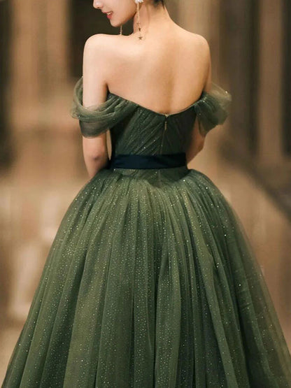 Simple green A line tulle off shoulder long evening dress green evening dress