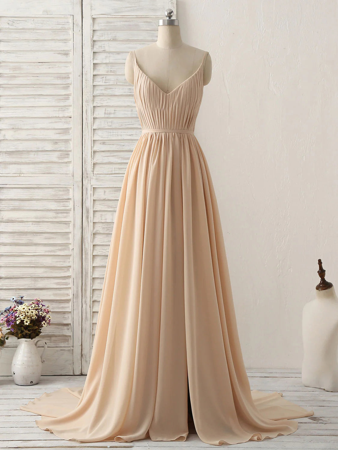 Champagne Long Prom Dresses V Neck Chiffon Bridesmaid Dress