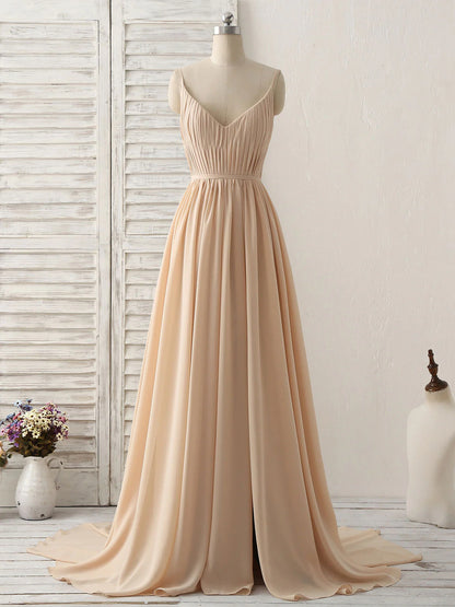 Champagne Long Prom Dresses V Neck Chiffon Bridesmaid Dress