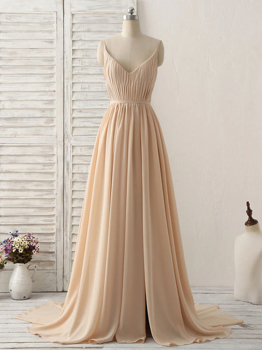Champagne Long Prom Dresses V Neck Chiffon Bridesmaid Dress