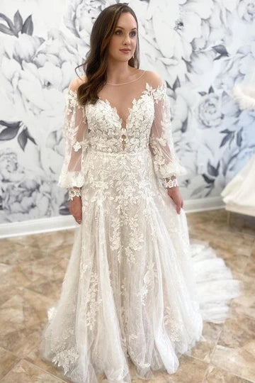 Appliques Round Neck Long Sleeve A-Line Wedding Dress