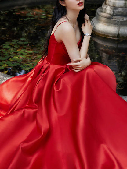 Simple red v neck satin long prom dress red prom dress