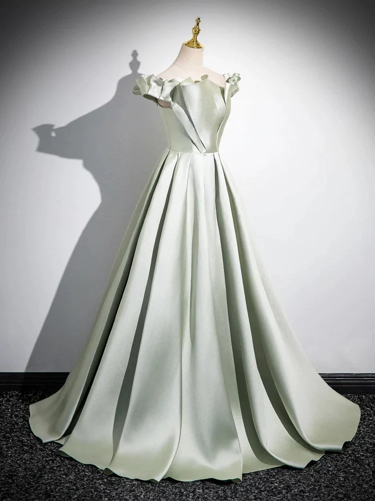 A-Line Satin Green Long Evening Dresses Green Long Formal Dress