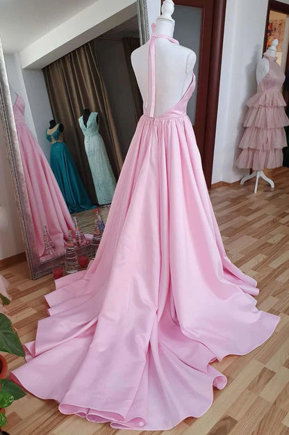 Pink high neck pink satin long prom dress pink prom dress