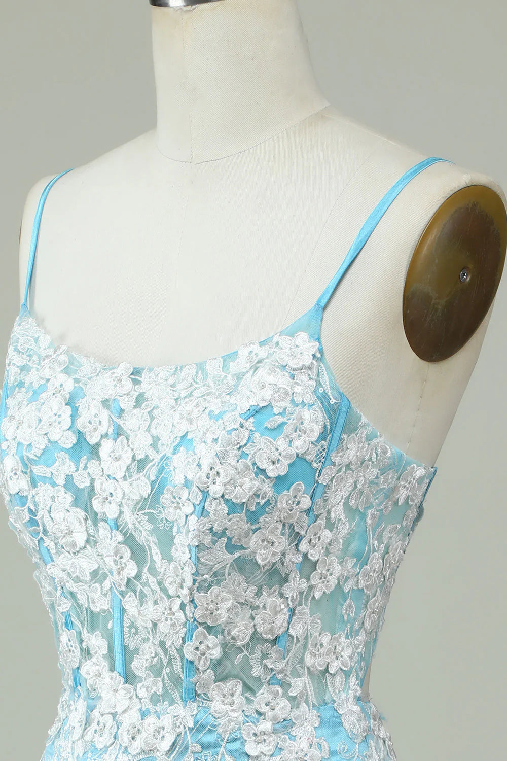 Light Blue Sheath Spaghetti Straps Short Homecoming Dress