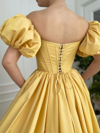 Simple yellow satin long prom dress yellow prom dress