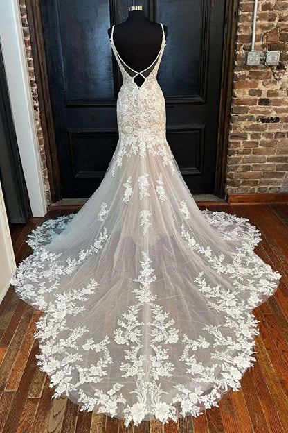 Appliques Backless Trumpet Long Wedding Dress