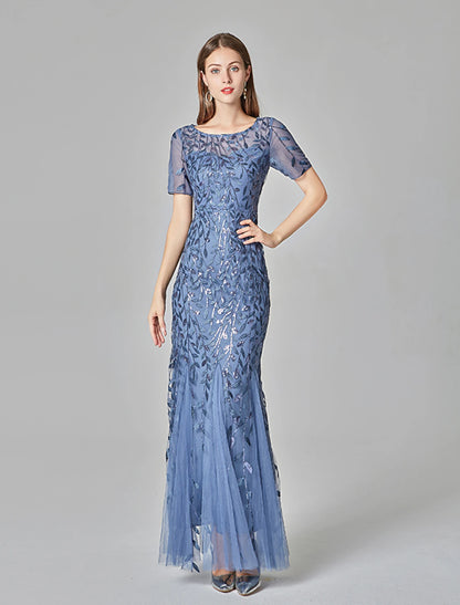 Mermaid Evening Dress Ball and Floor Length Short sleeved Jewelry Collar Autumn Wedding Guests Embroidered Thin Gauze
