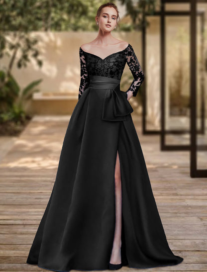 Tight column style evening dress with high slit for formal wedding guests broomstick tail&nbsp; 3/4 long sleeved off shoulder soft satin with bow slit