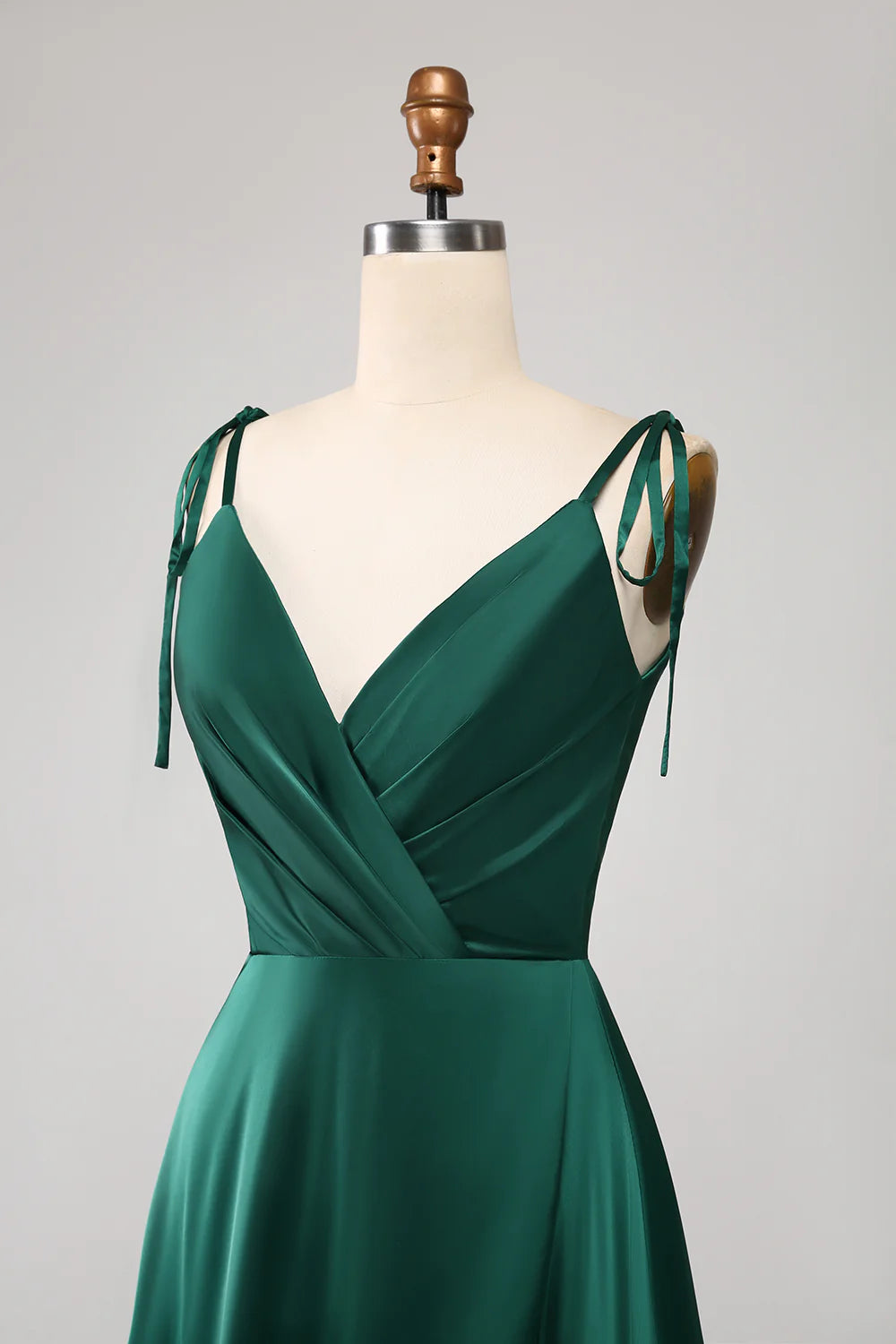 A-Line Spaghetti Straps Pleated Satin Long Dark Green Maxi Dress
