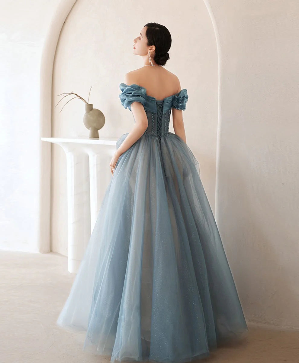 Blue off shoulder satin long prom dress blue satin prom dress