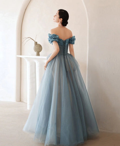 Blue off shoulder satin long prom dress blue satin prom dress