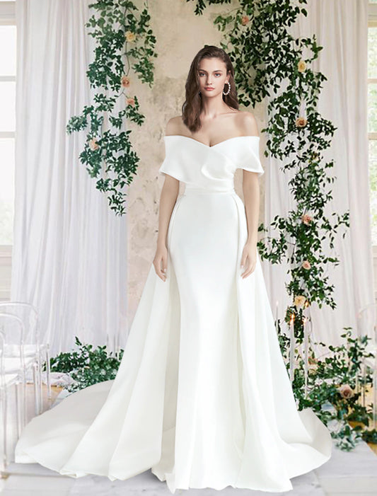 Leisure Wedding Dress Tight Pillar Off Shoulder Cap Sleeves Church Tailed Satin Bridal Dress with pleats