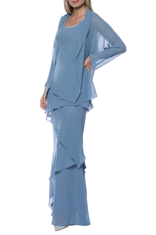 Embellished Scoop Neck Sleeveless Tiered Solid Chiffon Mother of the Bride Dress With Matching Long Sleeve Jacket