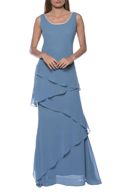 Embellished Scoop Neck Sleeveless Tiered Solid Chiffon Mother of the Bride Dress With Matching Long Sleeve Jacket