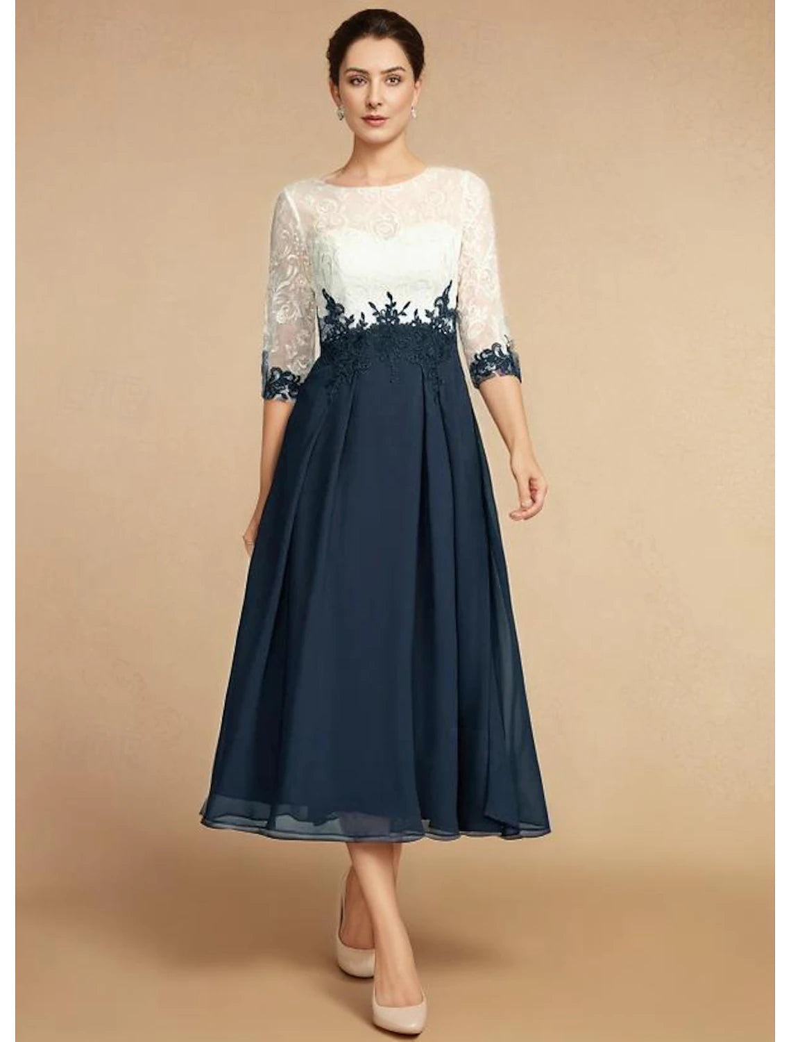 A-line Wedding Guest Elegant Dress Vintage Gem Neck Chiffon Lace Half Sleeve Lace Sticker Color Block Mom Dress