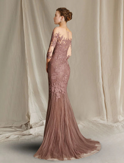 Mermaid Small Bride Mom Wedding Guests Elegant and Trendy Low Round Neck/Brush Tail Lace Sheer Half Cuff Band Applique