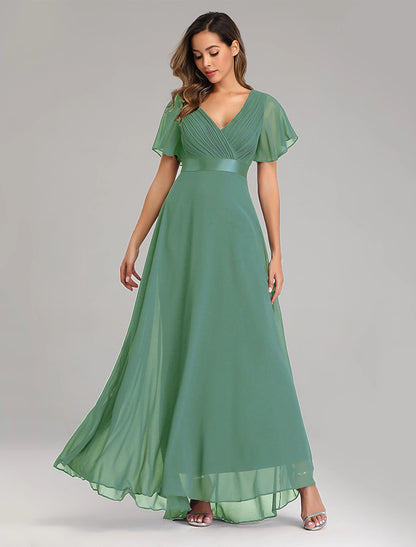 A-shaped ball dress autumn wedding guest dress bridesmaid floor to ceiling long and short sleeved V-neck chiffon V-back strap pleated ruffle edge