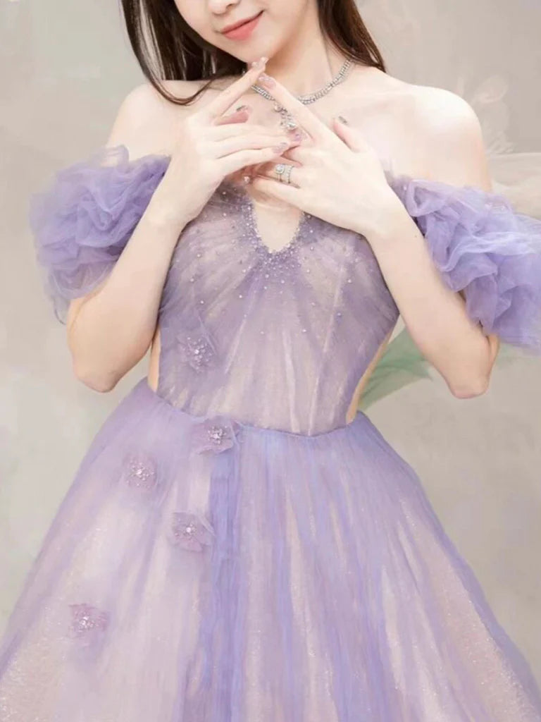 A-Line Off Shoulder Purple Tulle Long Evening Dress Purple Formal Dress