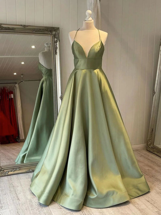 Simple v neck green satin long prom dress green prom dress