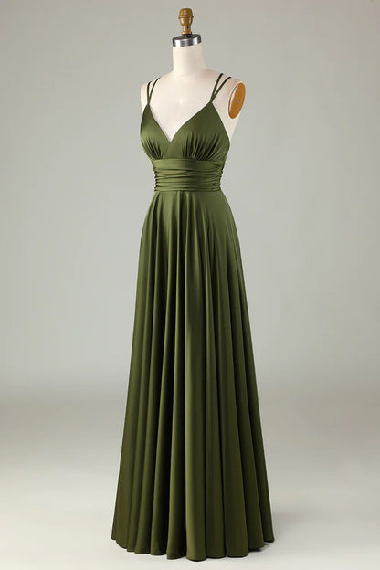 A-line Sleeveless Olive Long Bridesmaid Dress