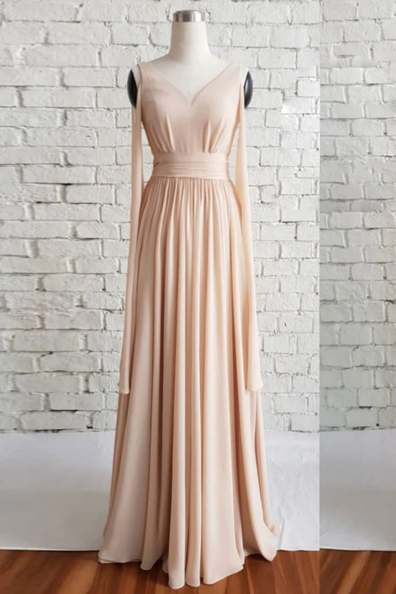 Simple v neck chiffon long prom dress champagne prom dress