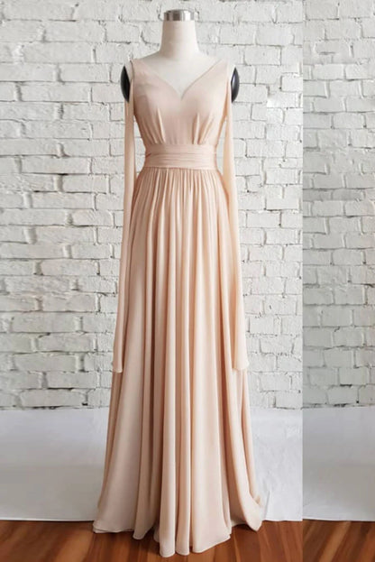 Simple v neck chiffon long prom dress champagne prom dress