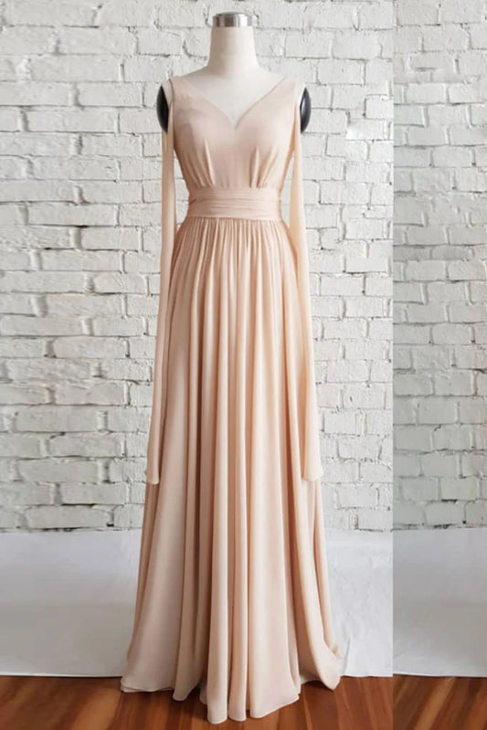 Simple v neck chiffon long prom dress champagne prom dress
