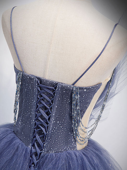 Blue v neck tulle sequin long prom dress  blue prom dress