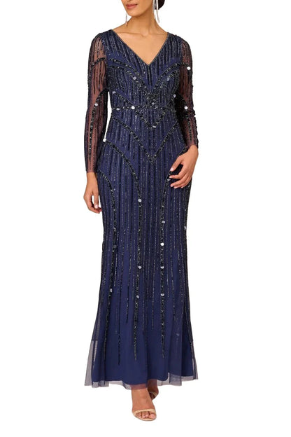 V-Neck Illusion Long Sleeve Zipper Back Embellished Mother of the Bride Dress