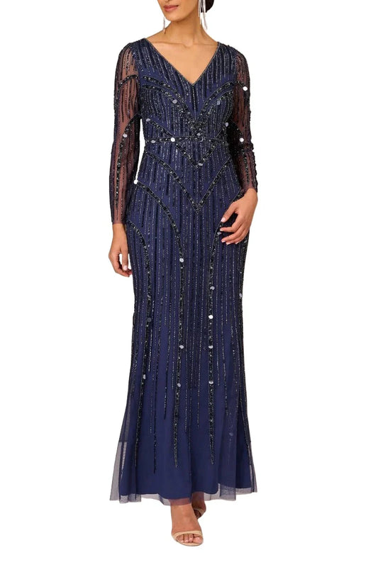 V-Neck Illusion Long Sleeve Zipper Back Embellished Mother of the Bride Dress