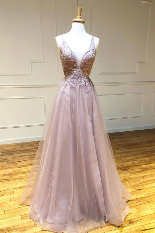 Pink v neck tulle lace long prom dress pink lace prom dress