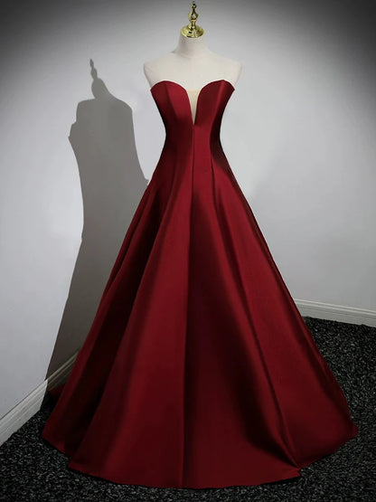 A-Line Puff Sleeves Satin Burgundy Long Evening Dress Burgundy Long Formal Dress