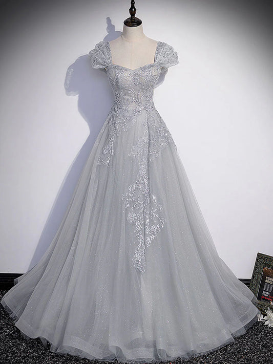 A-Line Gray Tulle Sequin Long Prom Dress Gray Formal Prom Dress
