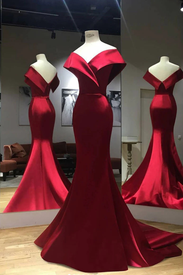 Simple red satin long prom dress prom dress