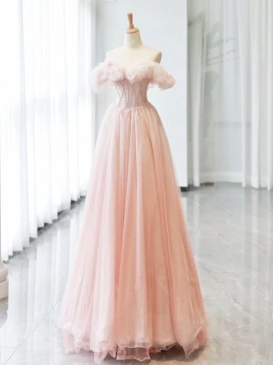 A-Line Sweetheart Neck Off Shoulder Tulle Pink Long Evening Dress