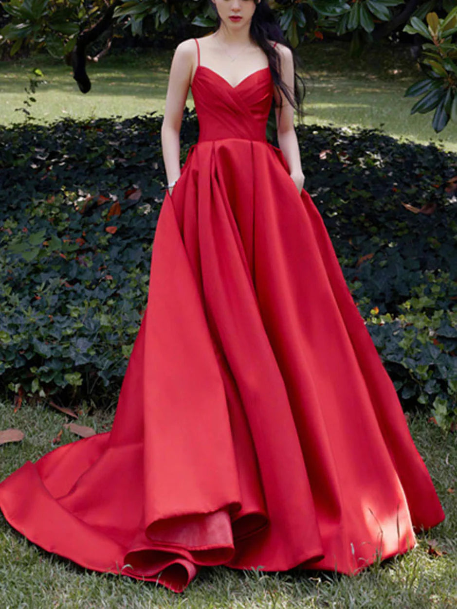 Simple red v neck satin long prom dress red prom dress