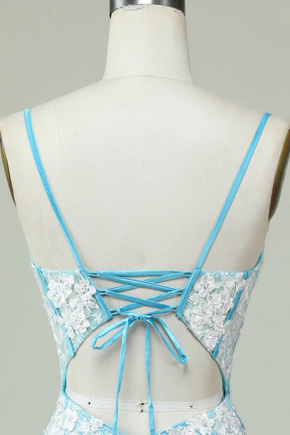 Light Blue Sheath Spaghetti Straps Short Homecoming Dress