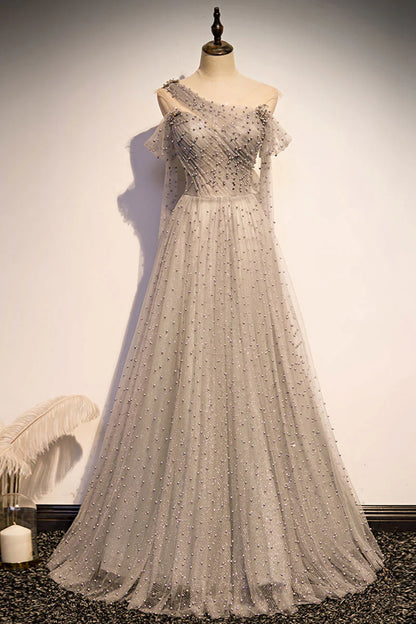 Gray tulle one shoulder long prom dress gray formal prom dress
