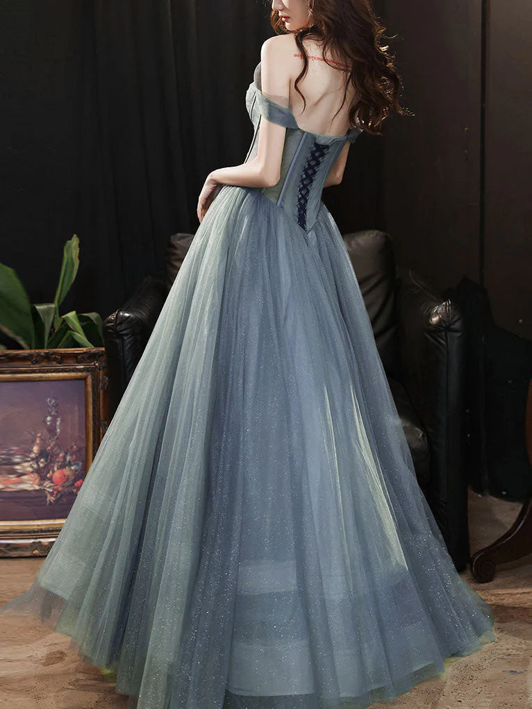 Gray blue sweetheart neck tulle long prom dress white tulle  prom dress