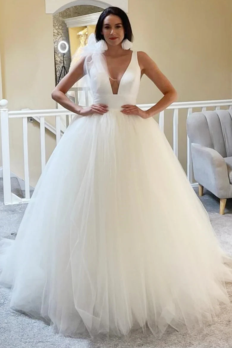 Tulle Plunge V Open Back Ball Gown with Bow
