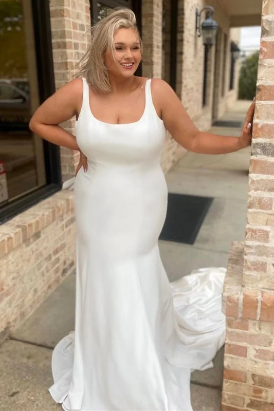 Square Neck Backless Trumpet Wedding Dress