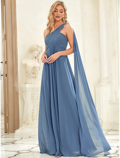 A-line generous and dignified evening dress imperial wedding formal banquet for guests and floor length sleeveless one shoulder bridesmaid dress chiffon open strap pleats