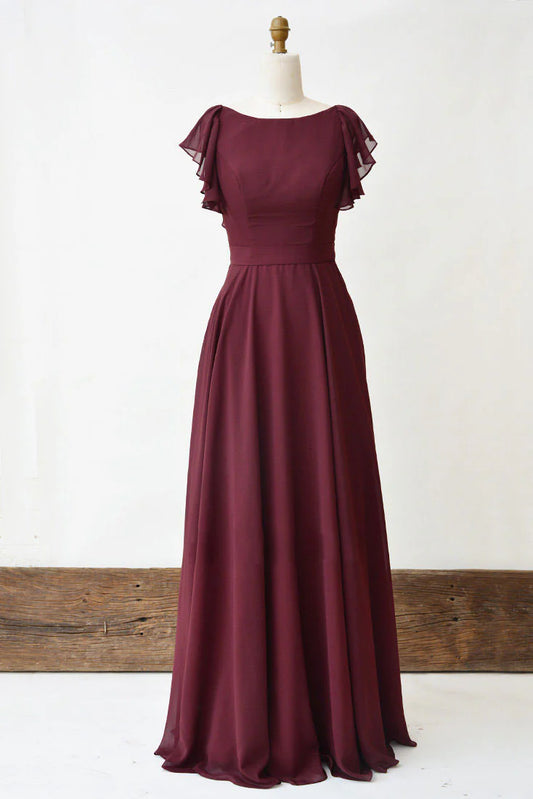 Simple burgundy chiffon long prom dress burgundy prom dress