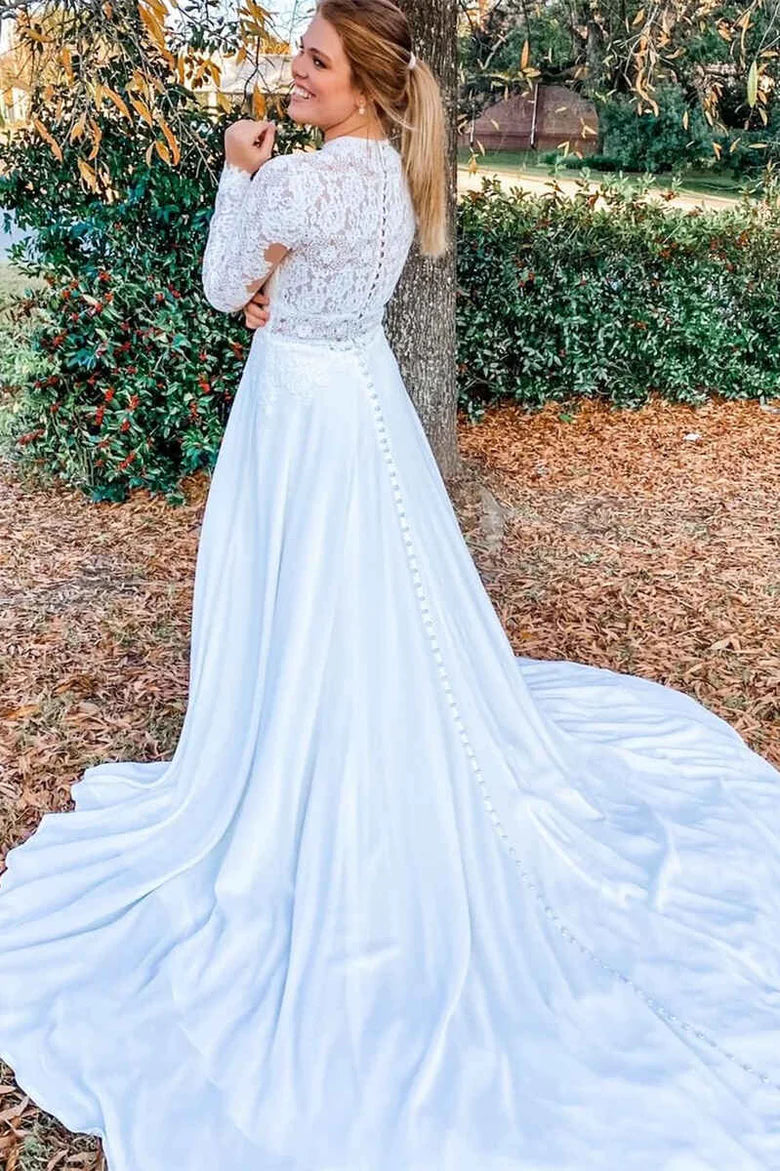 Lace High Collar Long Sleeve Long Wedding Dress