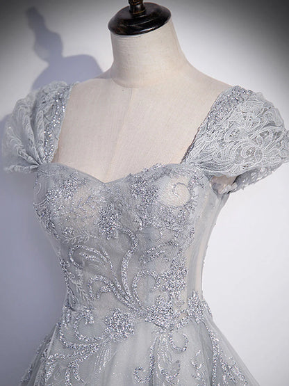 A-Line Gray Tulle Sequin Long Prom Dress Gray Formal Prom Dress