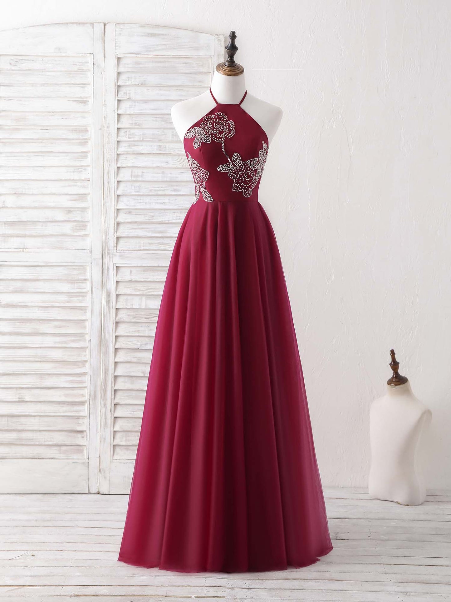 Tulle Beads Long Prom Dress Burgundy Evening Dress